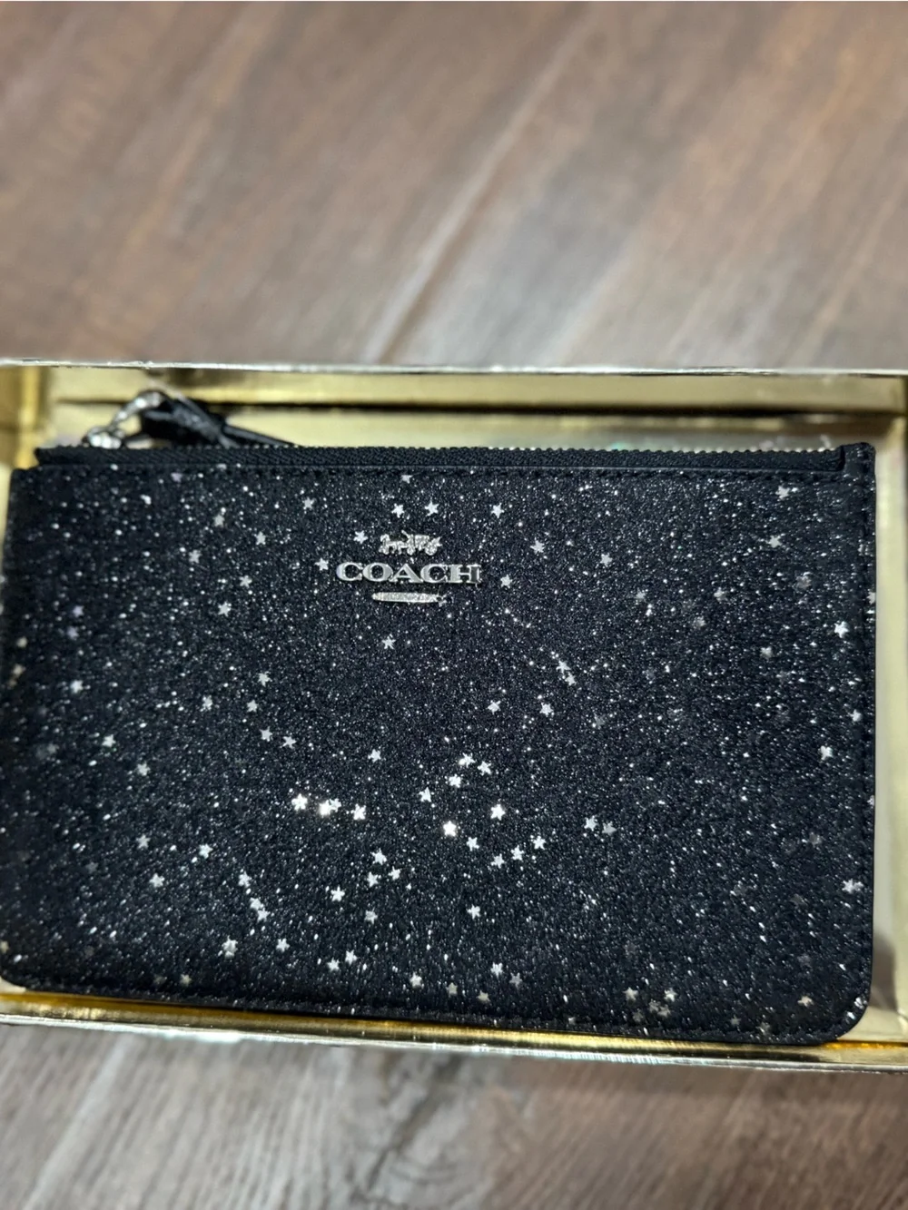 NWT Coach Black Glitter Star Zip Card Pouch
